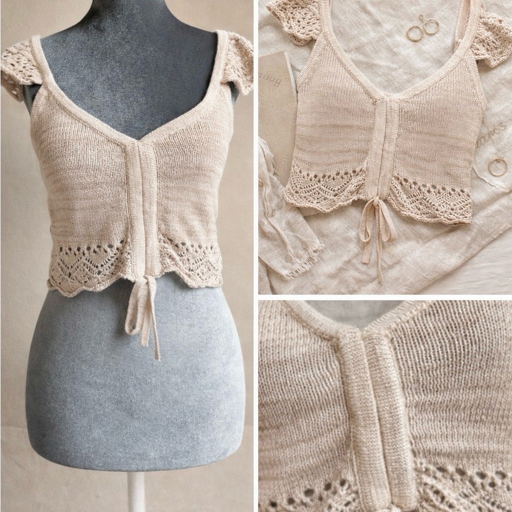 Cream Knit Tie Front Tank Top Crochet Hem Boho Cottagecore XS